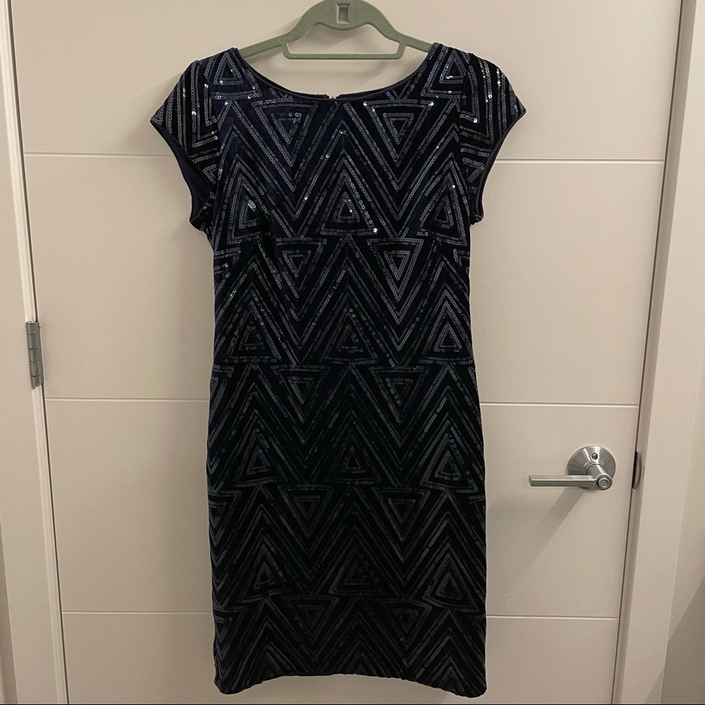 Eliza J Cap Sleeve Sheath Sequin Dress in Navy